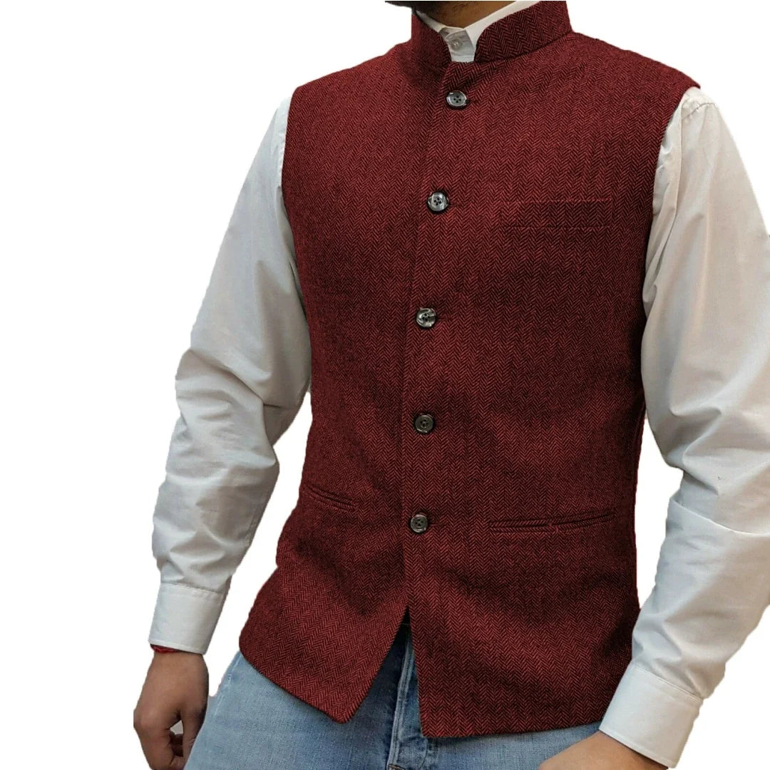 Men Vest Gray Herringbone Height Collar Single Button Waistcoat For Wedding Party Business Work Daily Casual Men Suit Vest