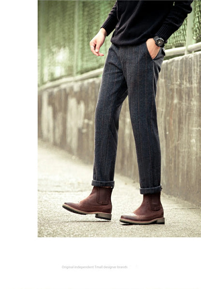 Retro British Wool Herringbone Casual Pants for Men, Thick Loose Plaid Pants for Autumn and Winter, Large Size Woolen Pants