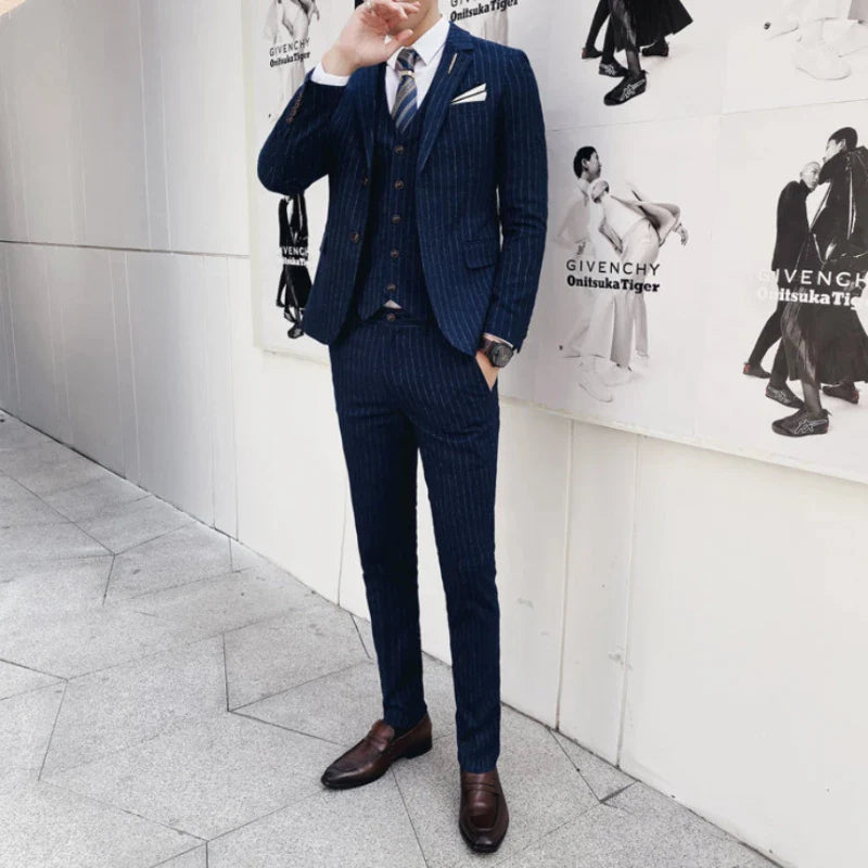 (Blazer+Vest+Pants) 2024 New Striped  Wedding Suits  for Men Three Piece Business Casual Party Multi-Occasion Slim Dress