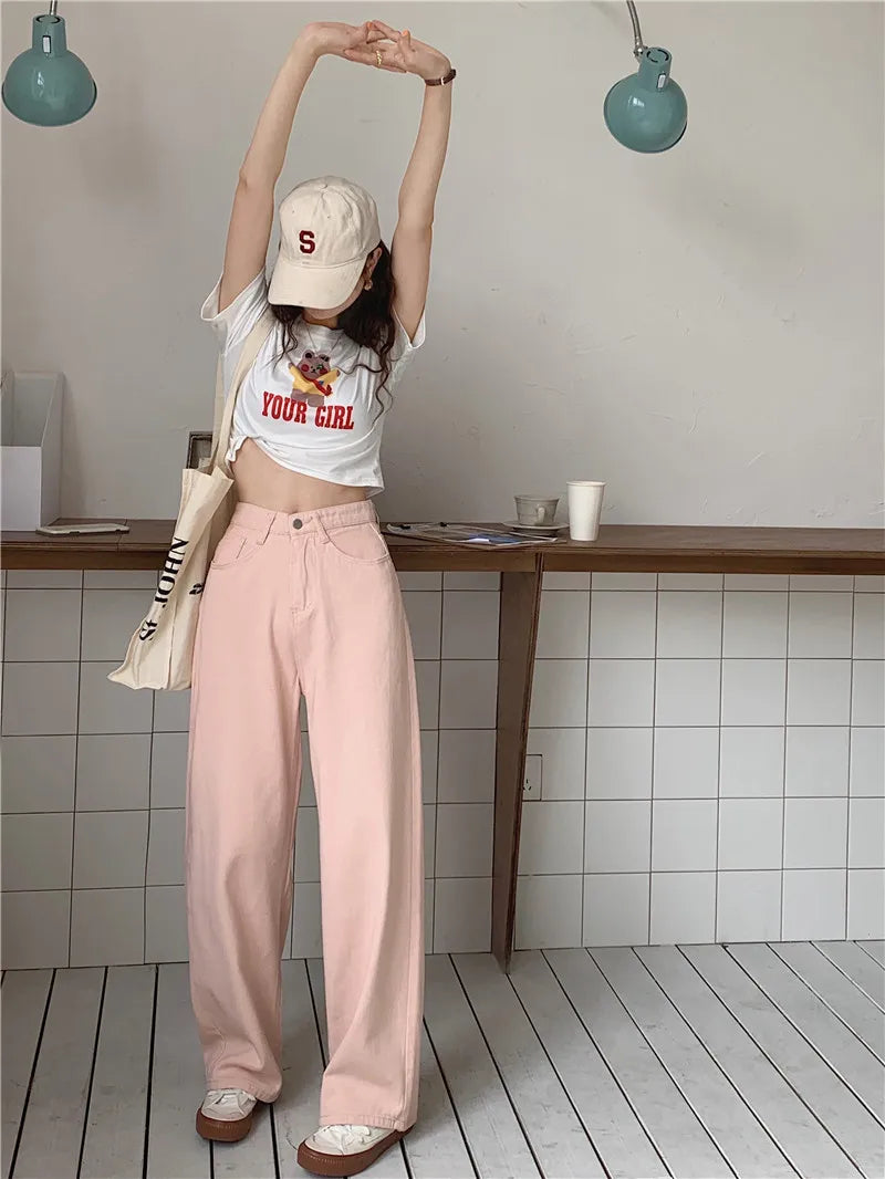 Korean Sle Simple Pure Color Wide Leg Jeans Pants for Women Summer Season Fall Collection Faion Ladies Premium Denim