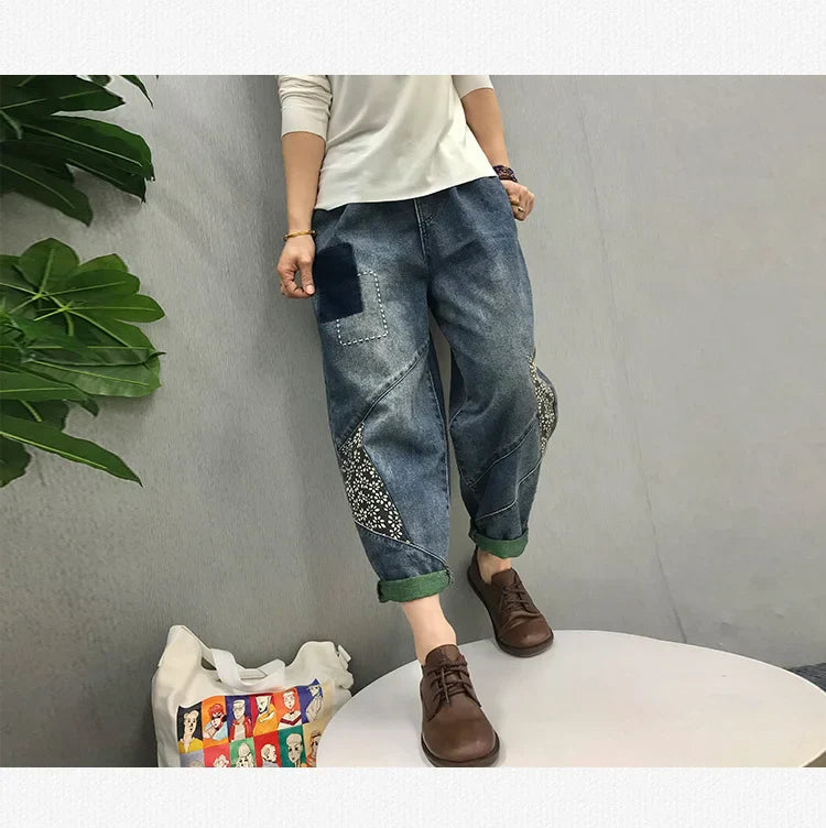 2024 Chinese Style Spring Womens Printed Patchwork Jeans Ladies Vintage Blue Denim Pants Female Casual Punk Pantalons