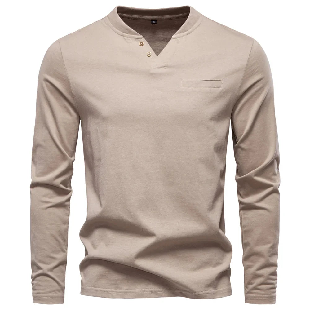 High Quality Men's long sleeve t-shirt Fashion pure 100% cotton henley collar T shirt man polera manga larga hombre
