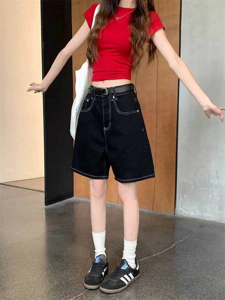 High-Waisted Straight-Leg Jeans Shorts for Women Summer New Style Slimming Black Five-Point Loose Wide-Leg Mid-Length Y2K Shorts