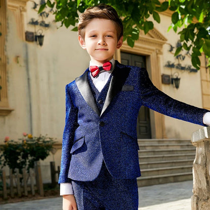 Glitter Luxury Kids Suit Set 3 Pieces Host Costumes,Classic Peak Lapel Boys Regular Fit Tuxedo Wedding Ring Bearer Outfit