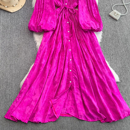 Ele Printed round Ne Lantern Sve Dr Women's Single Button Waist Cinch Maxi Skirt Long Dr Commute Sle Autumn