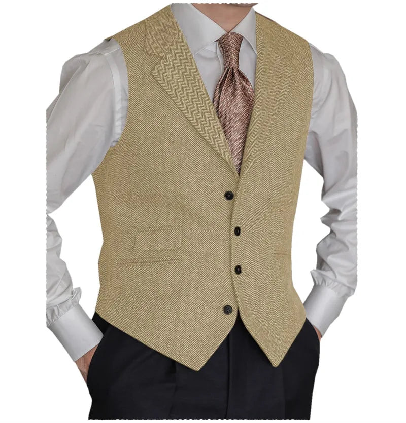 Men's Formal Suit Vests Slim Fit Males Tailored Collar Herringbone Tweed Casual Business Waistcoat Groomsman Vest For Wedding