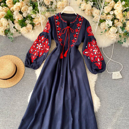 n Sle Embroidered Flower Long Sve Loose Fit Lantern Sve Gathered Slimming A-Line Dr Women's round Ne Dr