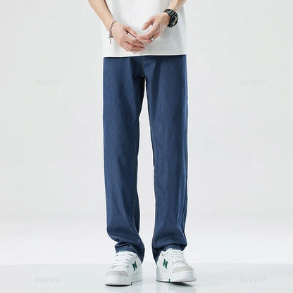 New Summer Thin Soft Lyocell Fabric Men's Jeans Classic Straight Denim Pants Work Wide Leg Casual Trousers Male Big Size 40 42