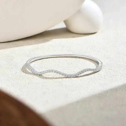 Bracelet jonc forme vague de mode en argent s925 avec moissanite pour femme, bracelet semi-éternel rondelle, cadeau de fête, bijoux fins
