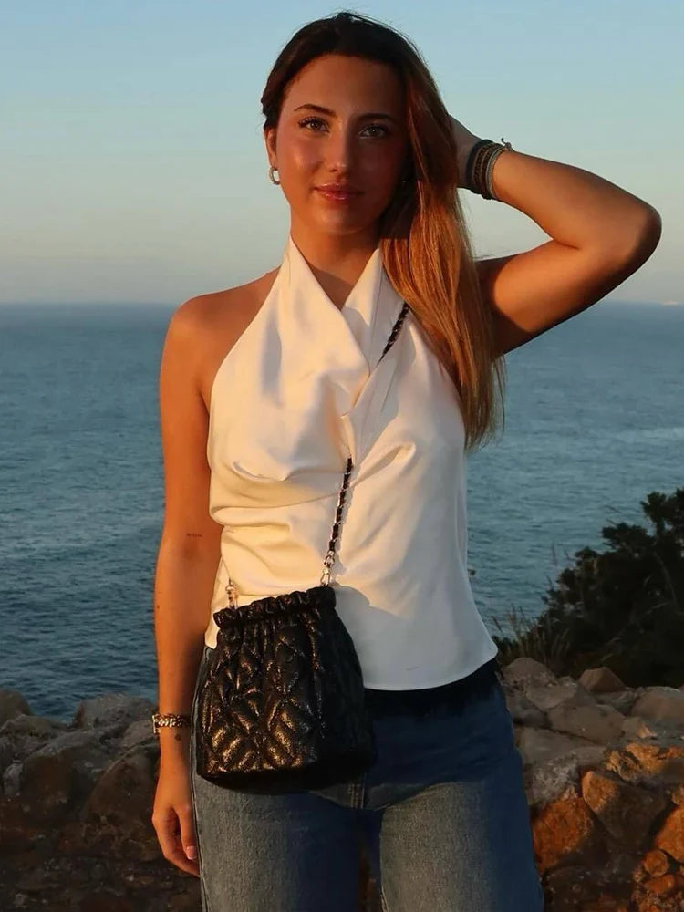 Spring Elegant Women Satin Halter Tops 2026 Summer Backless Off Shoulder Corset Vest Female Fashion Slim Crop Tank Top