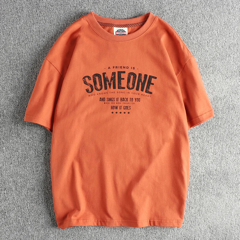 5110# Summer New American Retro Short Sleeve O-neck Letter Printed T-shirt Men's Simple 100% Cotton Old Washed Loose Casual Tops