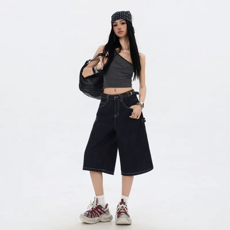 American High Street Fashion Loose Denim Shorts Retro Wide Leg Crop Pants Women Y2k High Waisted Embroidery Casual Mid Trouser