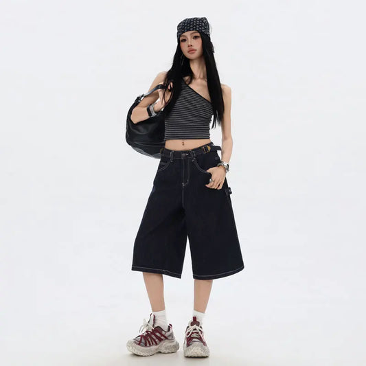 American High Street Fashion Loose Denim Shorts Retro Wide Leg Crop Pants Women Y2k High Waisted Embroidery Casual Mid Trouser