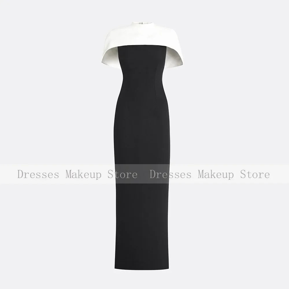 Customized Evening Dress Beige Cape O Neck Floor Length Column Evening Gowns for Women Draped Back Split Black Formal Party Gown