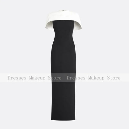 Customized Evening Dress Beige Cape O Neck Floor Length Column Evening Gowns for Women Draped Back Split Black Formal Party Gown