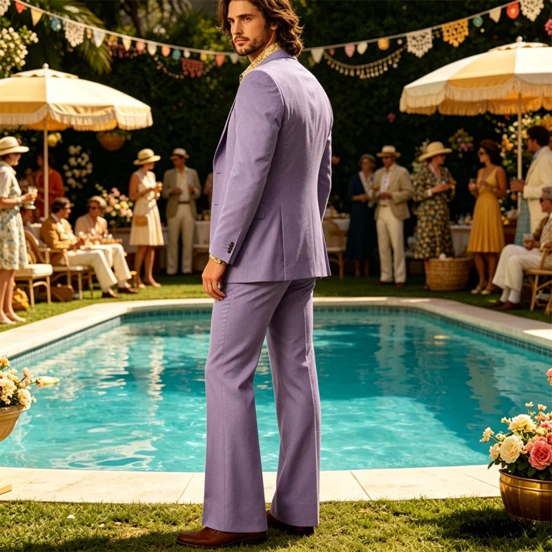 Retro Men's Linen 3 Piece Notch Lapel 2 buttons Jacket Flared Trouser Breathable Elastic for Casual Beach Wedding Groom Tuxedo