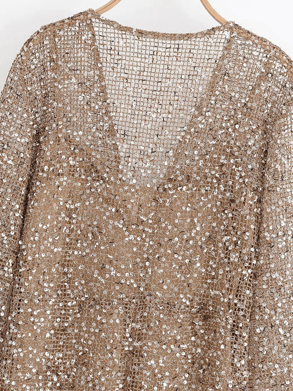 Sexy Sequined Long Pleated Dress Women Deep V-neck Full Sleeve See Through Dresses 2026 Summer Lady Party Evening Dresses ﻿