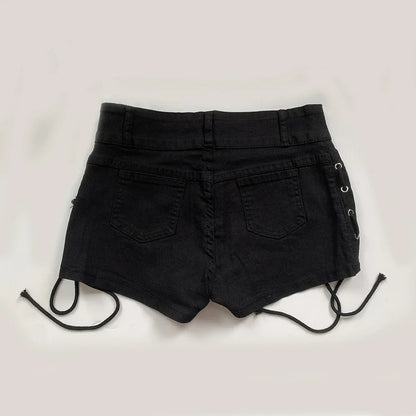 Summer Y2K Black Gothic Denim Shorts Women Skinny Creativity Lace-up Popular Streetwear Daily Personality Students Holiday Jeans
