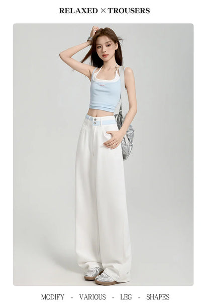 Loose Casual Wide Leg Denim Pants Summer New Thin 100% Cotton Women's High Waist Y2K Contrast Stitching All Match Baggy Jeans