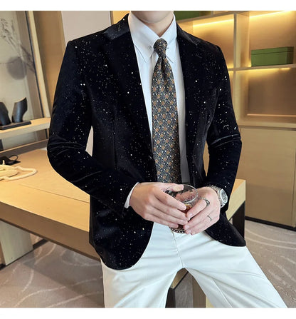 High Quality Velvet Bronzing Suit Coats Mens Sparkle Elegant Slim Business Suits Jacket Homme Formal Social Prom Party Tuxedos