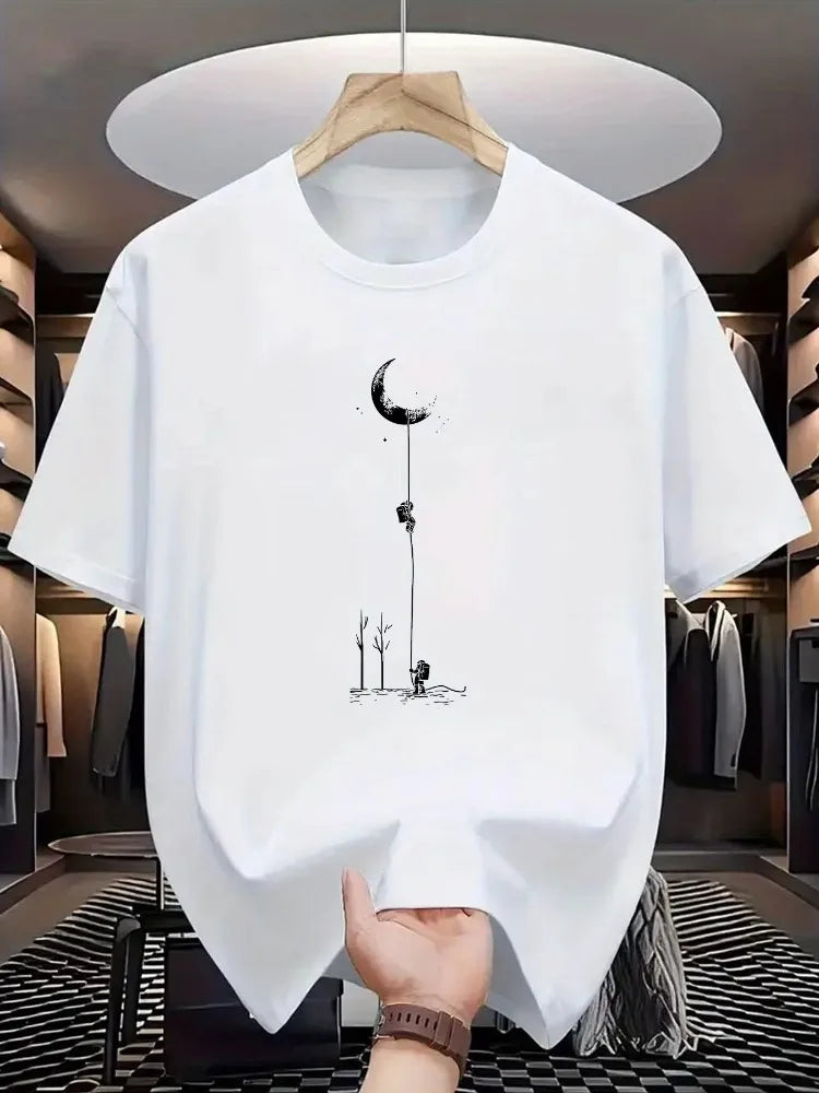 Summer Men's 100% Pure Cotton Casual Loose Fit Plus Size Moon Landing Pattern Printed Round Neck Short Sleeved T-shirt Top