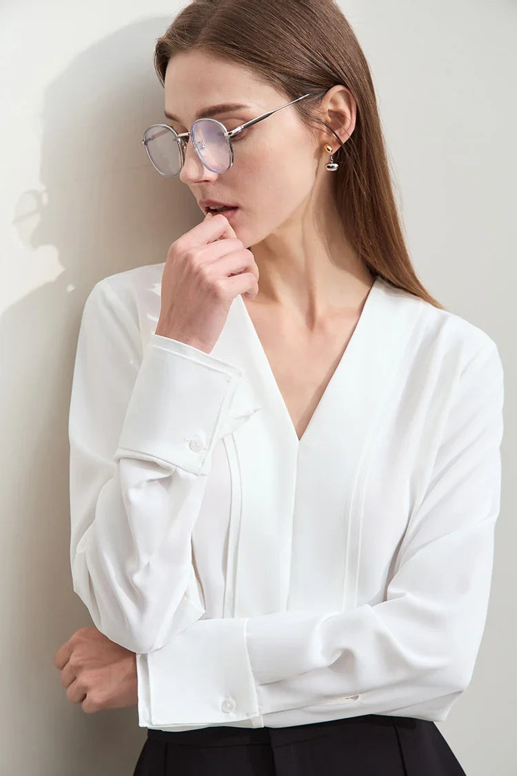 Autumn New Elegant Blouses Women 2025 V-neck Solid Long Sleeve Shirts Female Fashion Office Lady Straight Clothing 12521087