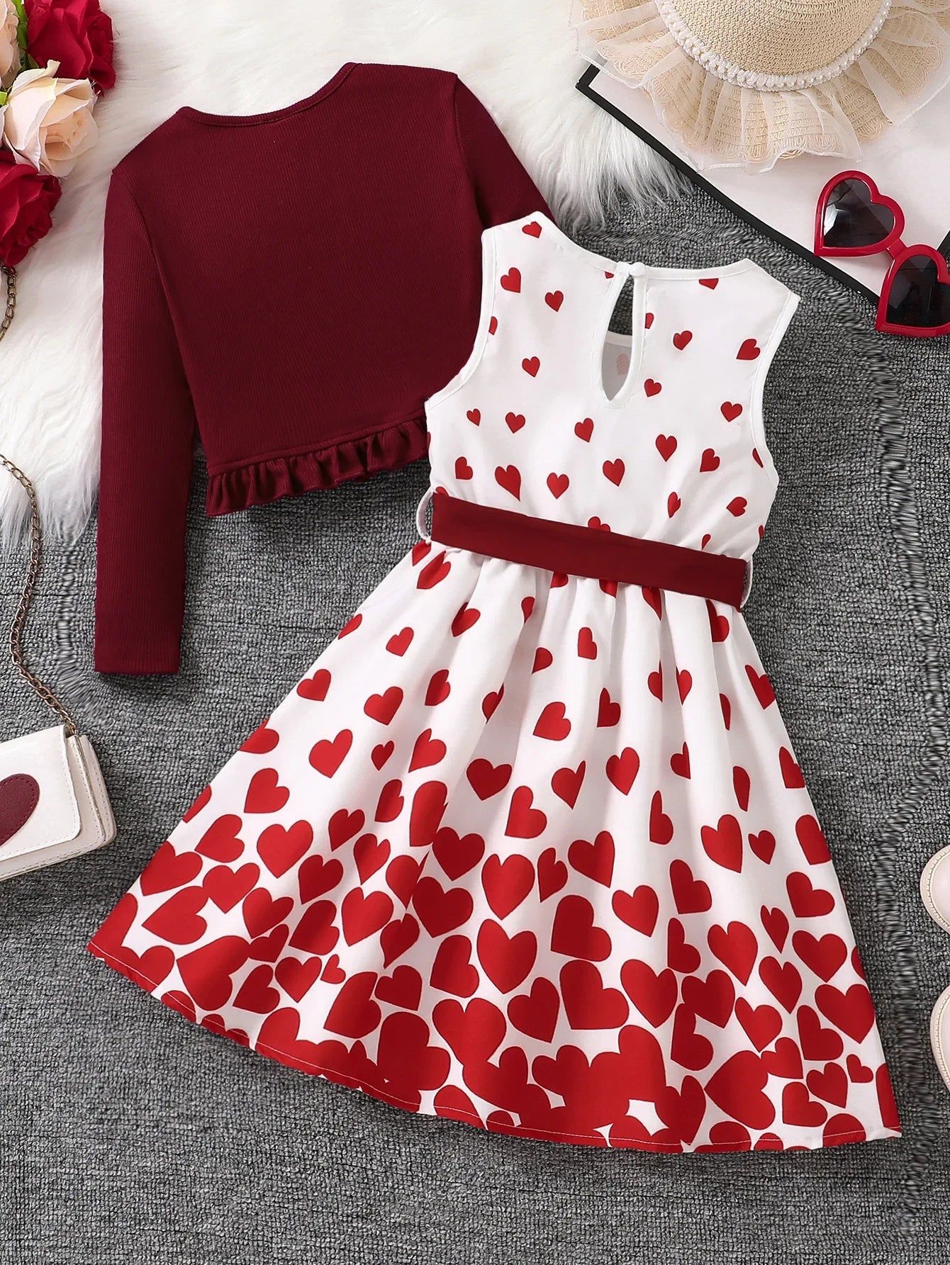 Children's Clothing Girl Autumn Fashion Casual Pink Floral Dress Set 2-Piece Set - Pink Round Neck Vest + Pink Floral Skirt