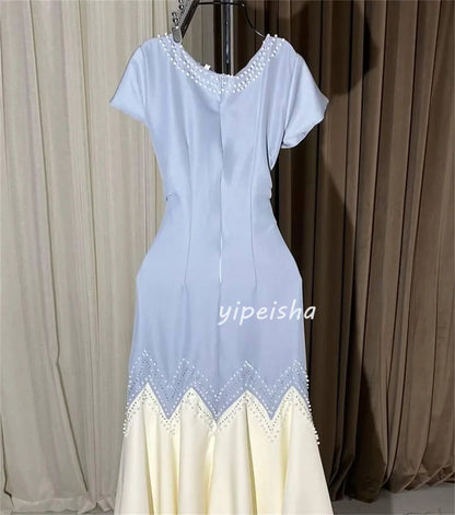 Customized Sparkle Intricate Jersey Sequined Pearl Pleat Ruched Mermaid Scoop Neck Midi Dresses Bespoke Occasion Dresses Retro