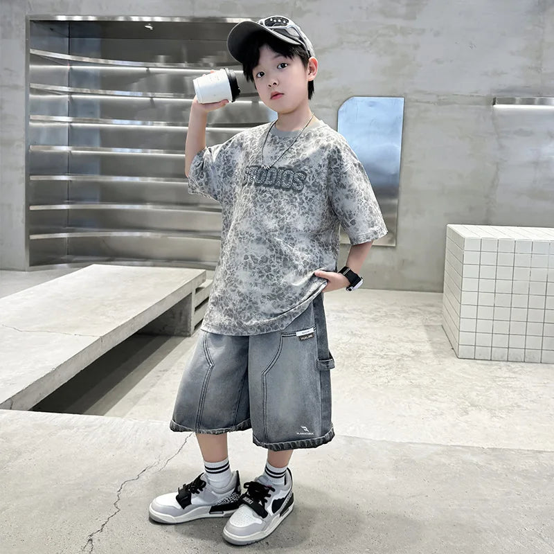 Baby Child Summer Cotton Suit With Shorts for Boy Leopard Print T-shirt + Denim Shorts Top and Bottom Clothes Set For Kids 2-14Y