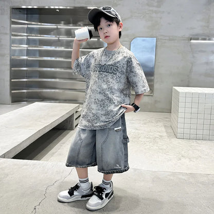 Baby Child Summer Cotton Suit With Shorts for Boy Leopard Print T-shirt + Denim Shorts Top and Bottom Clothes Set For Kids 2-14Y