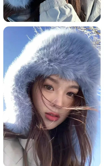 Fluffy Fur Hat Women White Black Blue Russian Hat Thick Warm Ski Earflap Cap Female Ushanka Winter Hat Ladies Russian Cap