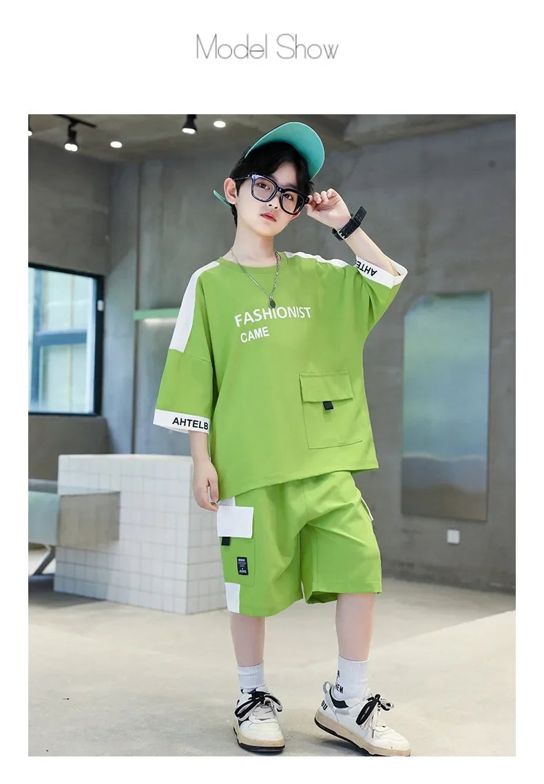 Summer Boys Patchwork Alphabet Half Sleeves T-Shirt Tops+Shorts Pant School Kids Tracksuit Child 2PCS Outfit Workout Set 5-16 Yr