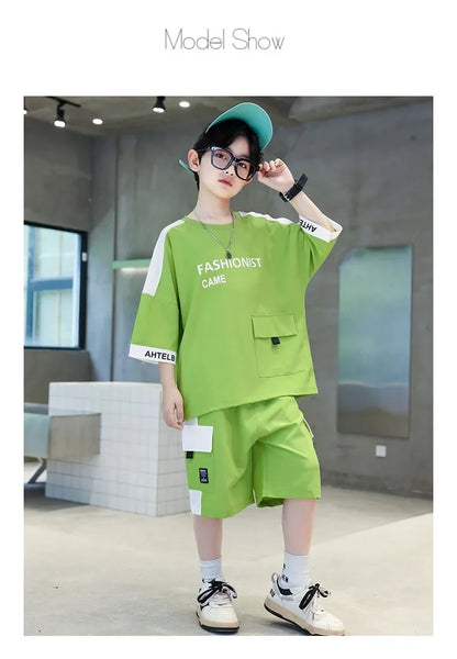 Summer Boys Patchwork Alphabet Half Sleeves T-Shirt Tops+Shorts Pant School Kids Tracksuit Child 2PCS Outfit Workout Set 5-16 Yr