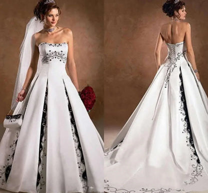 Strapless Black And White Wedding Dress Strapless Embroidery Lace-up Corset A-Line Gothic Bride Gown Robe de mariée Customized