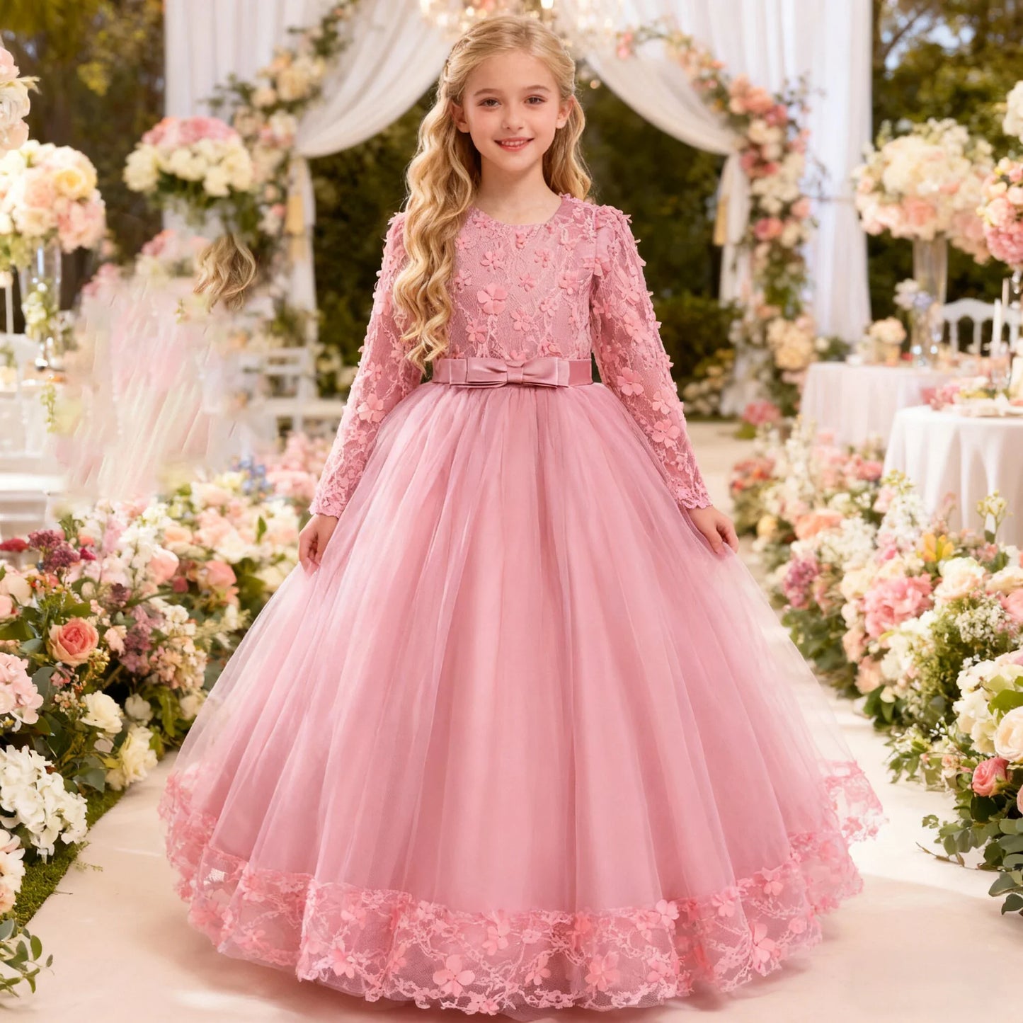Long Sleeve Flower Bridesmaid Girls Dress Children Christmas Costume Lace Bow Princess Kids Dressees For Girl Party Wedding Gown