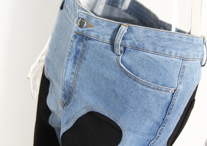 Jeans Women Pencil Pants 2023 Fashion High Waist Contract Color Patchwork Split Long Denim Pants Elastic Skinny Trousers