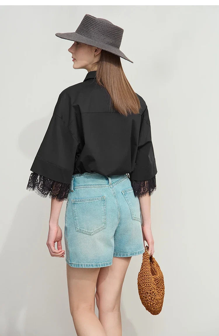 Minimalist Cotton  Shirts for Women 2025 Summer New Solid Lapel Shoulder Half-sleeve Lace Splicing Loose Tops 12542096