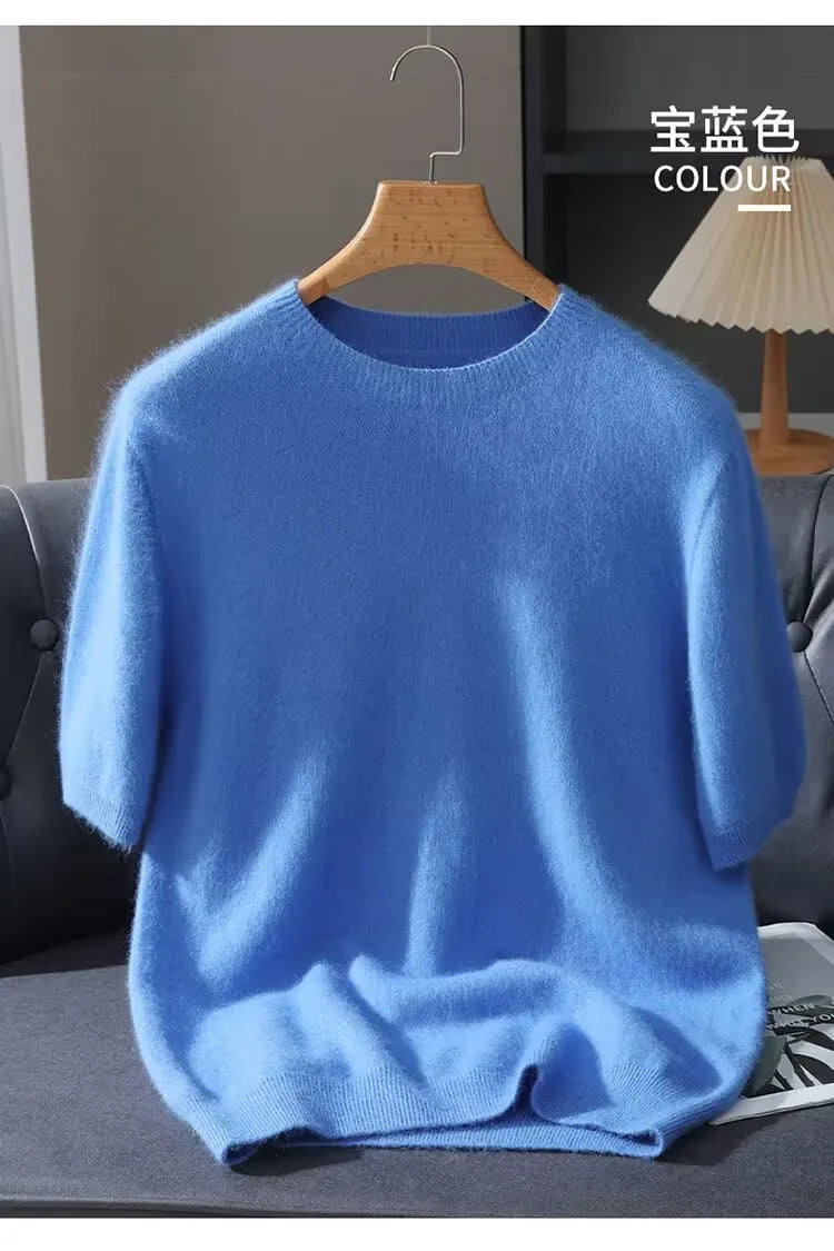 100% Mink Cashmere Knitted Short Sleeved Men's Loose Round Neck Solid Color Half Sleeved Simple T-Shirt Casual Business Cashmere