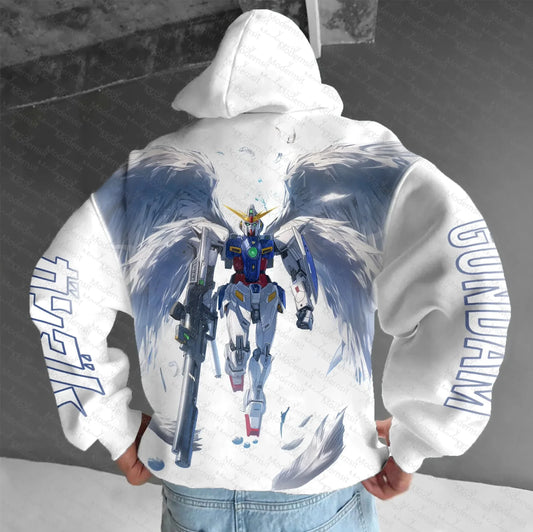 White Gundam Wing Hoodie Men Women Autumn Winter Loose Casual Streetwear Running Fitness Anime Cosplay Sweatshirt