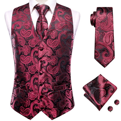Silk Mens Vests Sleeveless Waist Jacket Jacquard Black Orange Floral Waistcoat Tie Hanky Cufflinks Set for Men Casual XXL