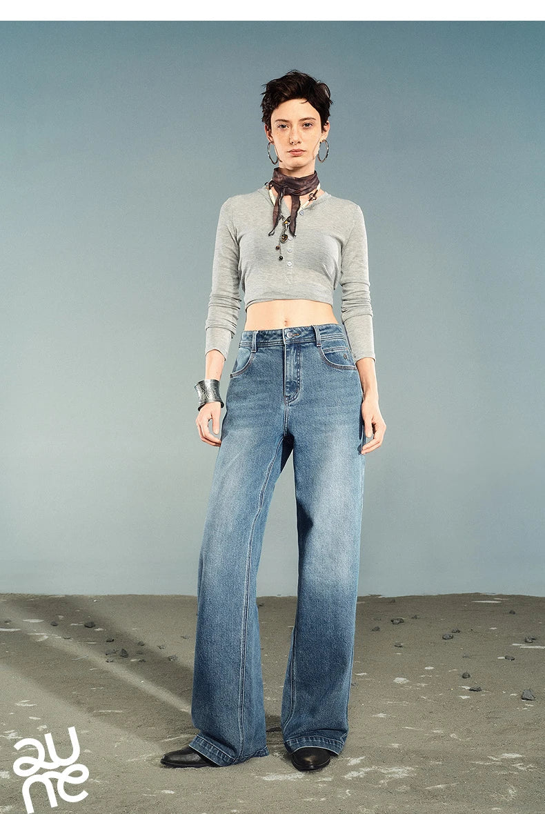 Women Denim Jeans 2025 Autumn New Lycra Stretch Washed Wide Leg Straight Long Pants