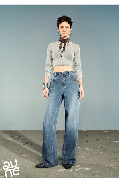 Women Denim Jeans 2025 Autumn New Lycra Stretch Washed Wide Leg Straight Long Pants