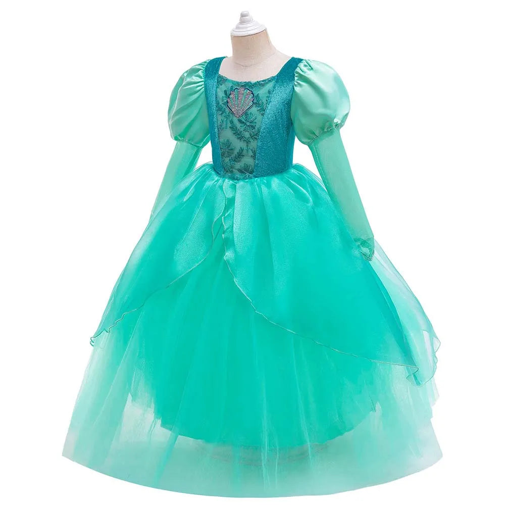 Girls Mermaid Dress Ariel Long Sleeves Cosplay Halloween Costume Kids Fluffy Tulle Shell Applique Frocks Elegant Gown