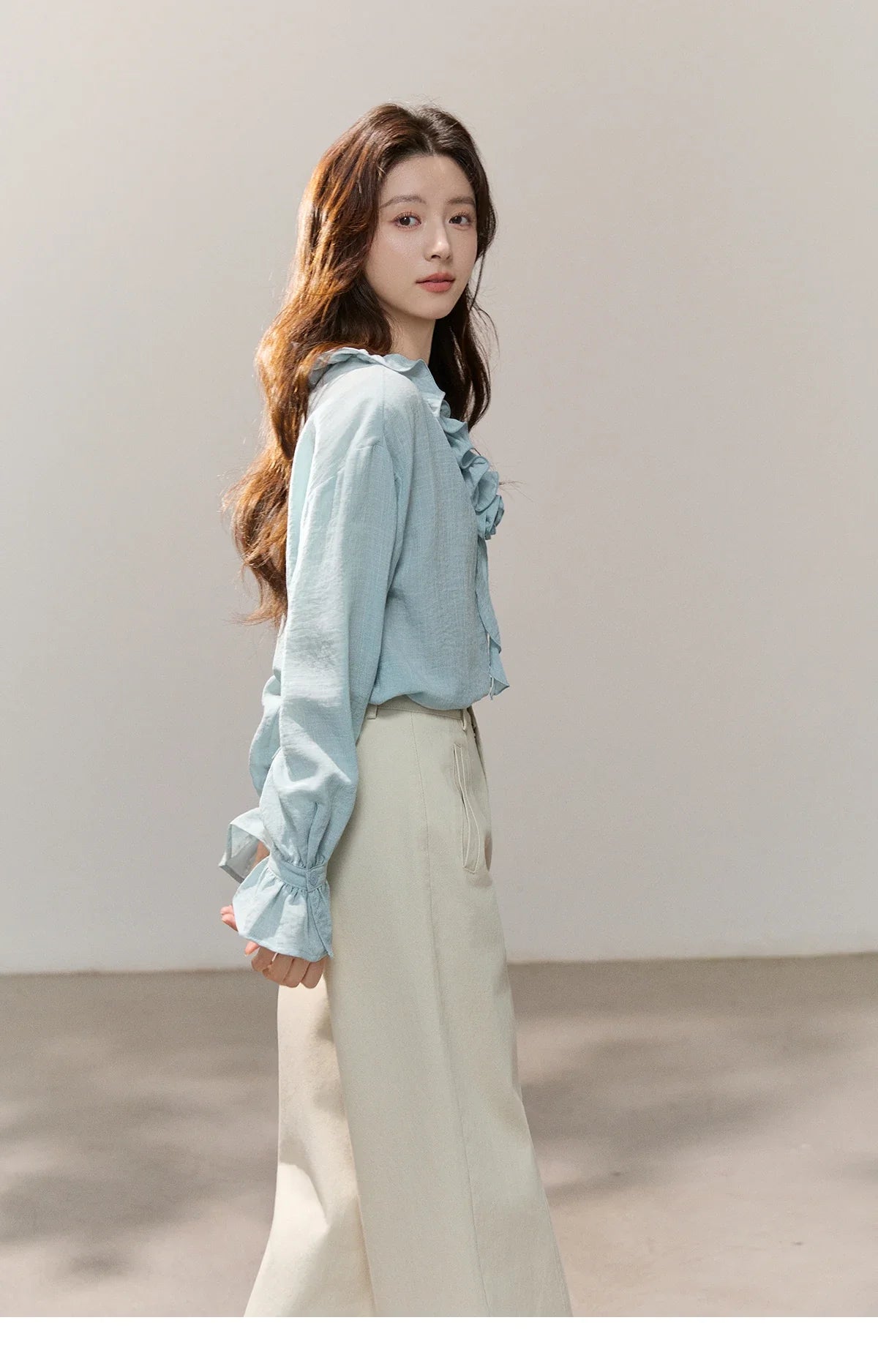 Women's Asymmetric Ruffled V-neck Shirt Spring Light Blue Floral Applique Ruffle Cuffs Top Elegant Loose Shirt MXF14C2448