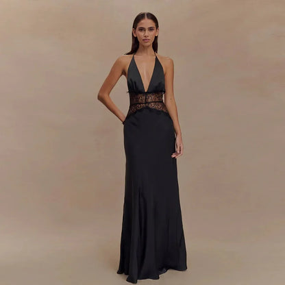 Sexy Deep V-neck Backless Lace Patchwork Satin Dresses for Women 2026 Summer Halter Sleeveless Long Maxi Party Evening Dress