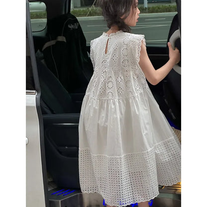 Cotton Medium To Large Children's Clothing Lace White Dress Girls' Princess Little Fresh Vest Dress 2025 Summer New Style