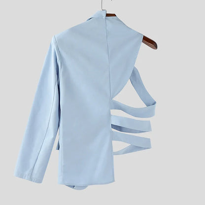 Men Irregular Blazer Lapel One-shoulder Long Sleeve Button Hollow Out Casual Suit Men Streetwear 2025 Fashion Thin Coats