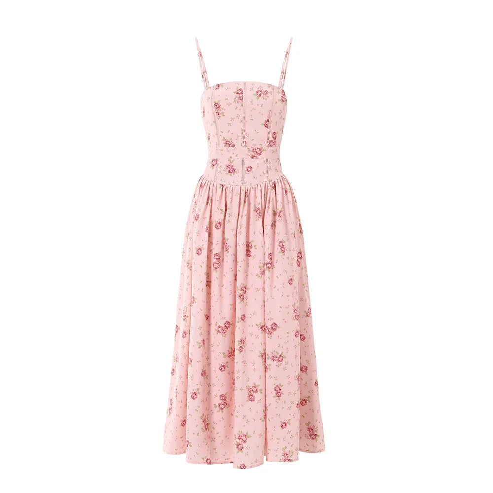 Summer Floral Print Spaghetti Strap Midi Dress Women Party Dress Elegant Vintage Holiday Beach Wear Dress