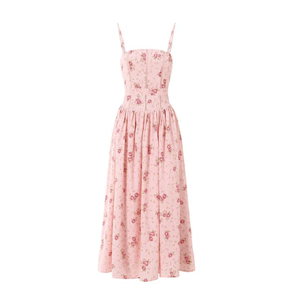 Summer Floral Print Spaghetti Strap Midi Dress Women Party Dress Elegant Vintage Holiday Beach Wear Dress