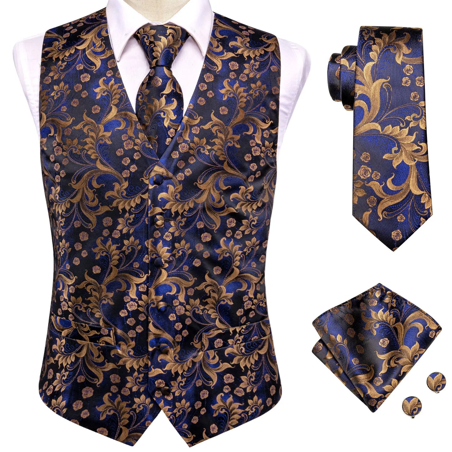 Navy Blue Mens Vest Formal Paisley Waistcoat Jacket Tie Handkerchief Cufflinks Set For Male Dress Suit Wedding Party